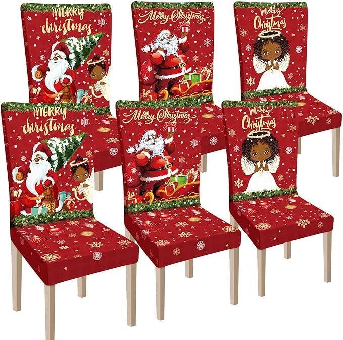 Ganeen 6 Pcs Christmas Chair Covers Merry Christmas Chair Back Cover Stretch Christmas Seat Cover Washable Xmas Dining Chair Protector Slipcover for Dining Room Kitchen Holiday Party (African Style)