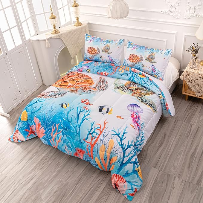CVHOUSE Sea Turtle Comforter Set,Ocean Watercolor Sea Turtle Bedding Set for Kids Teens,Ocean Sea Turtle Comforter Sea Turtle Duvet Set Room Decor Quilt Set Full Size