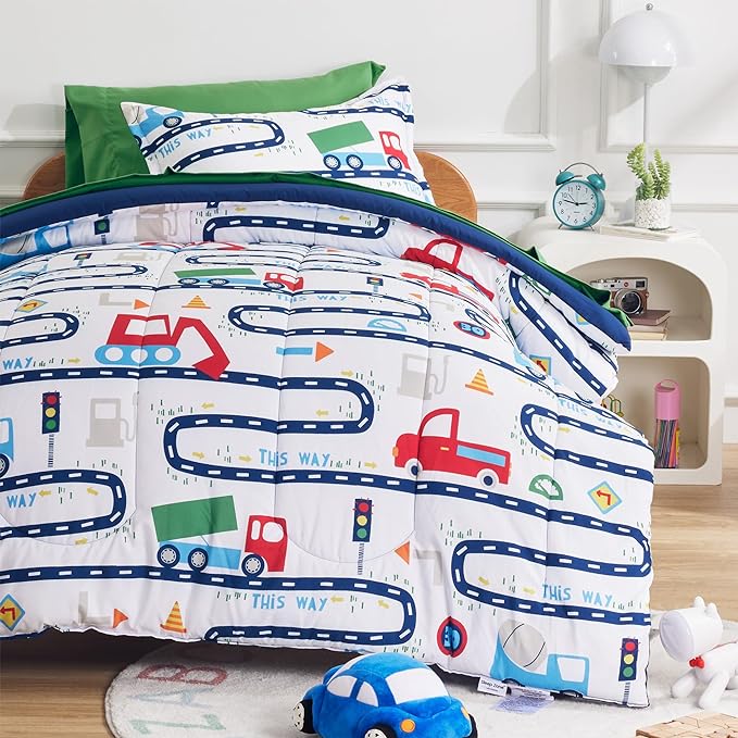 SLEEP ZONE Kids Bedding Comforter Set Full/Queen Size - Super Cute & Soft Kids Bedding 7 Pieces Set with Comforter, Sheet, Pillowcase & Sham (Road Trip, Full/Queen)