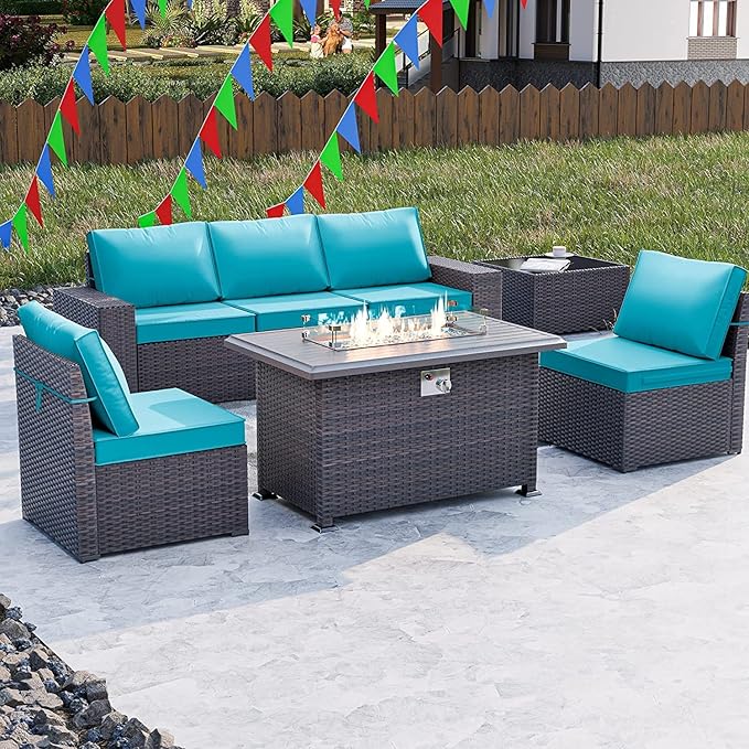Kullavik 7 Pieces Outdoor Patio Furniture Set with 43" 55000BTU Gas Propane Fire Pit Table PE Wicker Rattan Sectional Sofa Patio Conversation Sets,Green Blue
