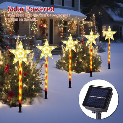 Solar Christmas Pathway Lights Outdoor Decorations, 8 Modes Star Candy Lights Waterproof Led Garden Stake Lights for Walkway Yard Lawn Porch Holiday Decor 5-Pack (Warm White Star Lights)
