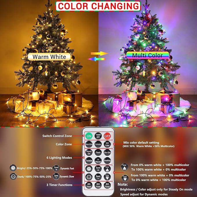 Joomer Christmas Lights 262FT 800 LED Color Changing Christmas Tree Lights Outdoor with Timer, Remote, Connectable for Christmas Decoration(Warm White to Multicolor)