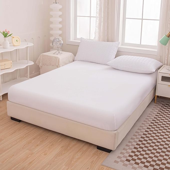 Seersucker Light White Bed Comforter Sets Queen Size for Women Boho White Seersucker Bedding Set 5 Pieces-Microfiber Lightweight Soft Bed Set for All Season,Queen