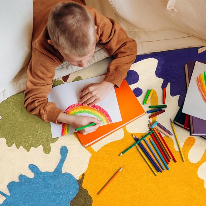 Colorful Area Rug, 5'x7' Classroom Rug for Kids, Paint Splash Washable Rug for Playroom, Non-Slip Rainbow Nursery Rug Soft Living Room Carpet for Bedroom Dining Room Kids Room