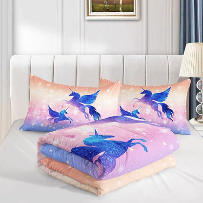 Datura home Bedding Comforter Set Starry Sky Unicorn Printed Pattern Quilt with 1 and 2 Pillowcases for Girls Bedroom All Season(Purple Twin) Twin 68x86inches