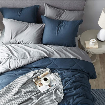 Bedsure Navy Bed Sets Twin - 5 Pieces Reversible Twin Comforter Sets, Twin Bedding Set with Comforters, Sheets, Pillowcase & Sham