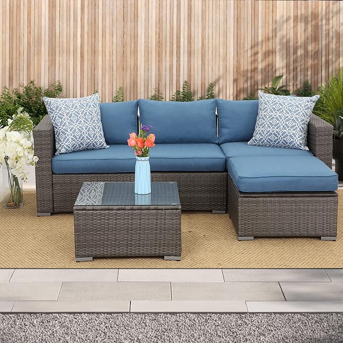 Wisteria Lane 2 Pieces Patio Furniture Sets, Outdoor Sectional Furniture with Armless Sofa, Tempered Glass Table and Cushion, Patio Conversation Sets for Garden Backyard, Blue