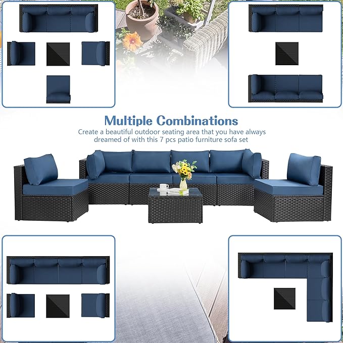 Shintenchi 7 Pieces Outdoor Patio Sectional Sofa Couch, Black Wicker Furniture Conversation Sets with Washable Cushions & Glass Coffee Table for Garden, Poolside, Backyard (Aegean Blue)