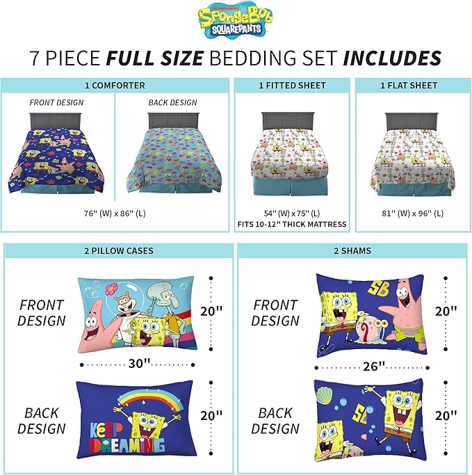 Franco Kids Bedding Super Soft Comforter and Sheet Set with Sham, 7 Piece Full Size, Spongebob Squarepants