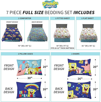 Franco Kids Bedding Super Soft Comforter and Sheet Set with Sham, 7 Piece Full Size, Spongebob Squarepants