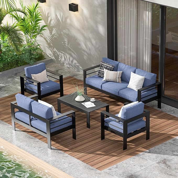 Wisteria Lane Aluminum Outdoor Patio Furniture Set, Modern Patio Conversation Sets, Outdoor Sectional Metal Sofa with 5 Inch Cushion and Coffee Table for Balcony, Garden, Black Frame and Blue Cushion
