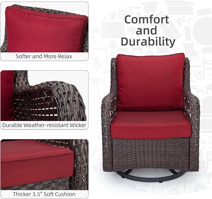IDEALHOUSE 3 Pieces Outdoor Wicker Swivel Rocker Patio Set, 360-Degree Swivel Rocking Chair Elegant Wicker Patio Bistro Set with Tempered Glass Top Side Table (Red)