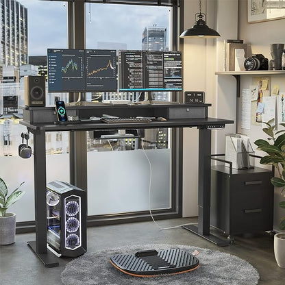 FEZIBO 40 x 24 Inch Height Adjustable Electric Standing Desk with Double Drawer, Stand Up Desk with Storage Shelf, Sit Stand Desk, Black