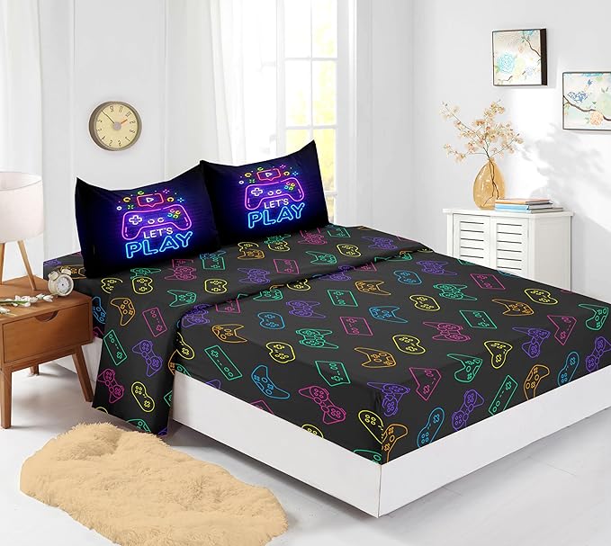 6 PCS Gamer Bedding Sets,Purple Gaming Comforter Set for Boys,Kids Bedding Sets for Boys,Full Size Bedding Sets for Boys,Bed in A Bag with Sheets(Full,Purple Color)