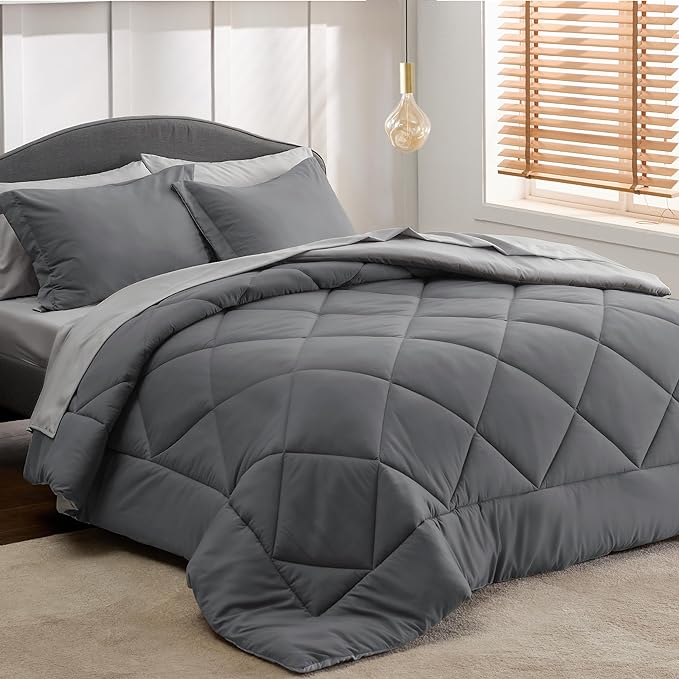 Bedsure Dark Grey Twin XL Comforter Set - 5 Pieces Reversible Twin XL Bed in a Bag for College, Extra Long Twin Bed Set Dark Grey with Comforters, Sheets, Pillowcase & Sham