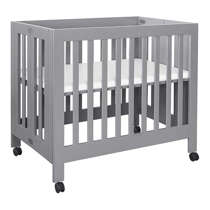 Babyletto Origami Mini Portable Folding Crib with Wheels in Grey, 2 Adjustable Mattress Positions, Greenguard Gold Certified