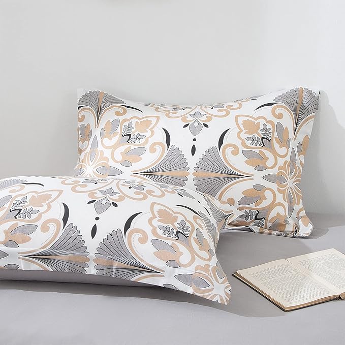 EMME Queen Comforter Set - Grey White Floral Bedding Set 7 PCS with Geometric Flowers Pattern, Soft Plant Printed Botanical Bed Set with Sheets, Fluffy Bed Bag for All Season(90"X90")