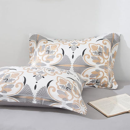 EMME Queen Comforter Set - Grey White Floral Bedding Set 7 PCS with Geometric Flowers Pattern, Soft Plant Printed Botanical Bed Set with Sheets, Fluffy Bed Bag for All Season(90"X90")