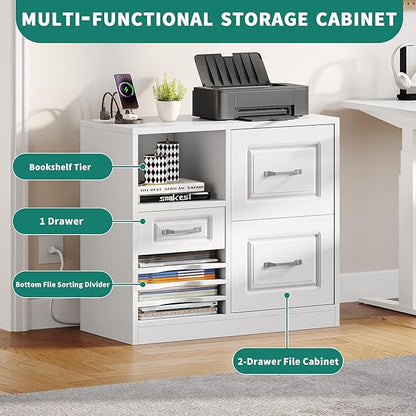 YITAHOME 3 Drawer File Cabinet, Filing Cabinet with Charging Station, Printer Stand with Open Storage Shelves, Fits for A4, Letter, Legal Size Files, White