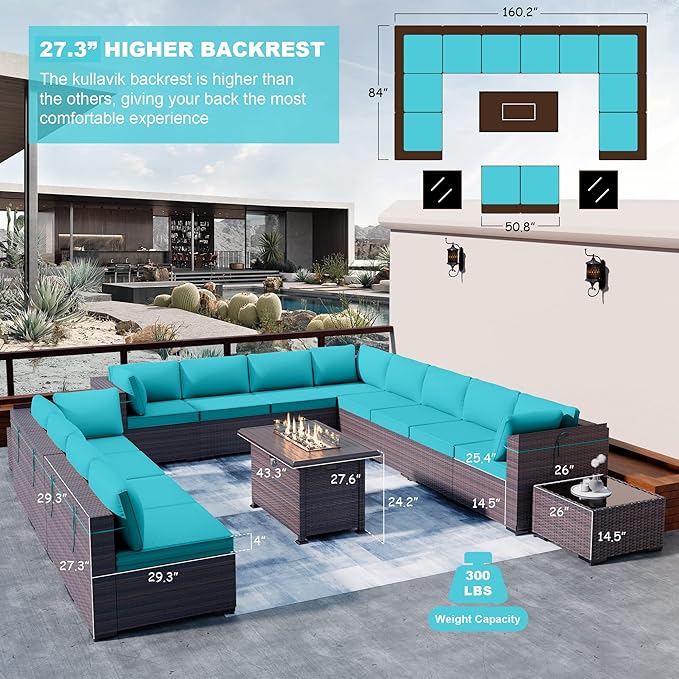 Kullavik 15 Pieces Outdoor Patio Furniture Set with 43" Gas Propane Fire Pit Table PE Wicker Rattan Sectional Sofa Patio Conversation Sets,Blue Cushions
