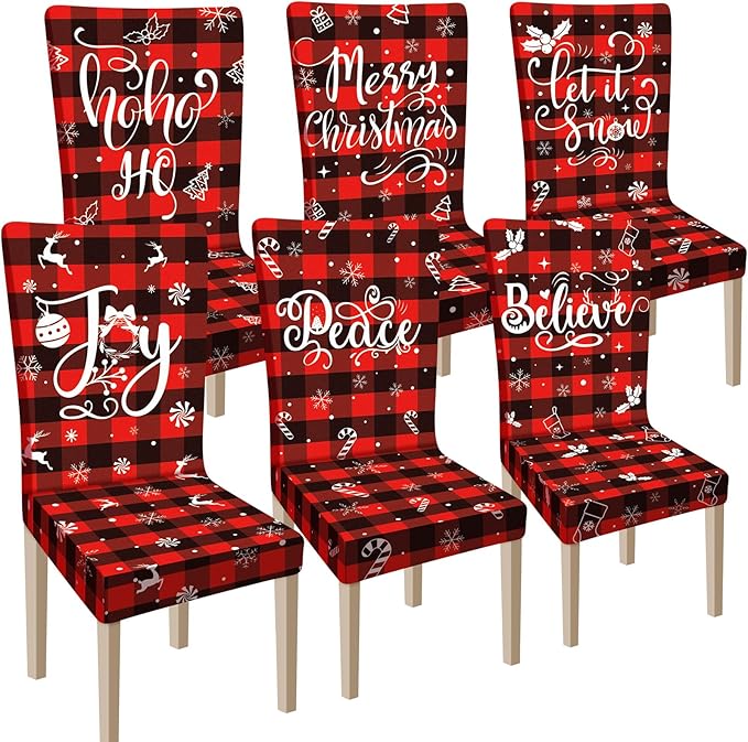 Ganeen 6 Pcs Christmas Chair Covers Merry Christmas Chair Back Cover Stretch Christmas Seat Cover Washable Xmas Dining Chair Protector Slipcover for Dining Room Kitchen Holiday Party(Plaid Style)