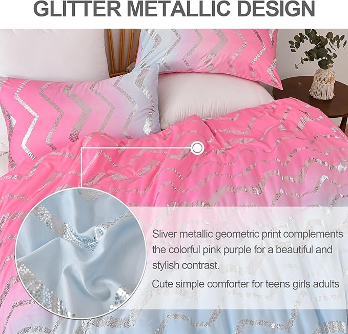 Girls Comforter Set Queen Size Ombre Pink Purple Bedding Colorful Rainbow Comforter for Kids Teen Women,4 Pieces (1 Comforter,2 Pillowcase,1 Decorative Pillow Sham)