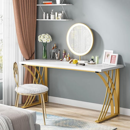 55’’ Large Modern Computer Desk, White & Gold Luxury Laptop PC Student Table, Makeup Vanity Table with Thick Frame & Strong Legs, Sturdy Writing Workstation for Home & Office