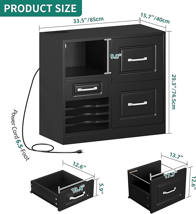 YITAHOME 3 Drawer File Cabinet, Filing Cabinet with Charging Station, Printer Stand with Open Storage Shelves, Fits for A4, Letter, Legal Size Files, Black