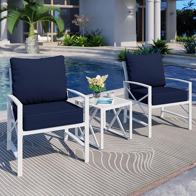 Shintenchi 3 Piece White Metal Outdoor Furniture Sectional Set, Modern Outdoor Metal Chair Conversation Furniture Set with Coffee Table for Patio,Backyard,Balcony (Dark Blue)