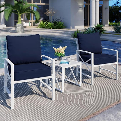 Shintenchi 3 Piece White Metal Outdoor Furniture Sectional Set, Modern Outdoor Metal Chair Conversation Furniture Set with Coffee Table for Patio,Backyard,Balcony (Dark Blue)