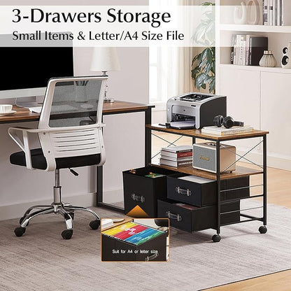 VECELO Mobile File Cabinet, Rolling Printer Stand with Open Shelf Fabric Lateral Storage Station for Home Office, Adapts Letter Size Hanging Folders, Brown, 3 Drawer