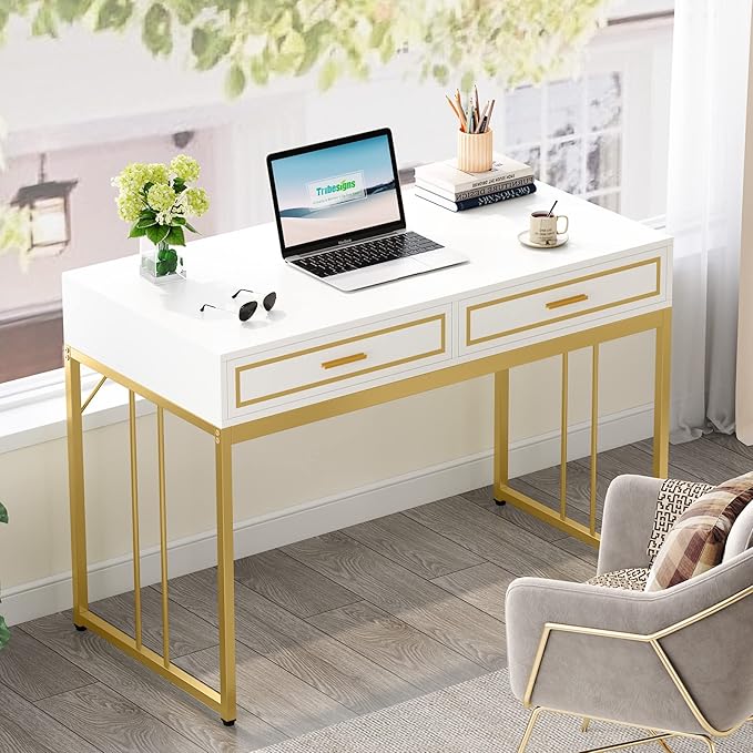 47’’ Computer Desk with 2 Drawers, White Gold Writing Desk Make Up Vanity Table