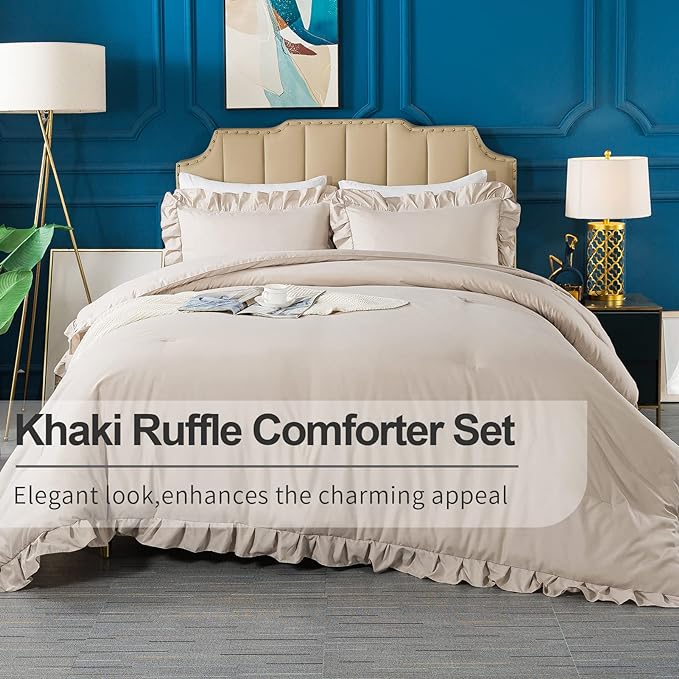 Andency Khaki Comforter King Size(104x90Inch), 3 Pieces Farmhouse Shabby Chic Bedding Comforters & Sets, All Season Soft Lightweight Down Alternative Bed Set for Men Women