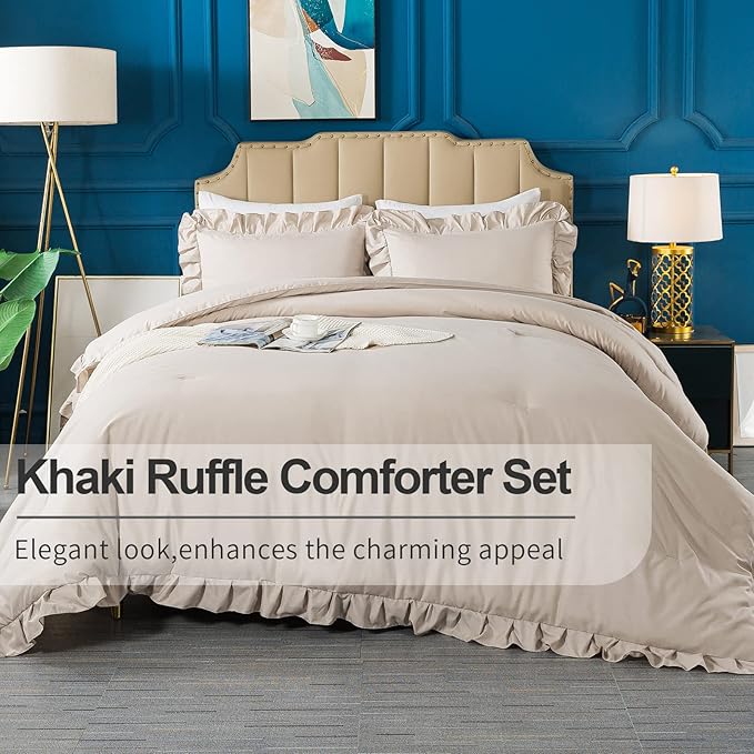 Andency Khaki Queen Comforter Set, 3 Pieces Farmhouse Shabby Chic Bedding Set for Queen Bed, All Season Soft Lightweight Microfiber Bed Set for Men Women