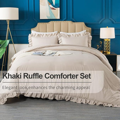 Andency Khaki Queen Comforter Set, 3 Pieces Farmhouse Shabby Chic Bedding Set for Queen Bed, All Season Soft Lightweight Microfiber Bed Set for Men Women