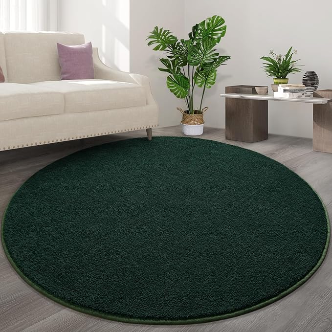 Round Area Rugs for Bedroom Living Room, 5x5 Dark Green Super Soft Comfy Thickened Memory-Foam Indoor Circle Carpet, Modern Aesthetic Minimalist Carpet for Boys Girls Adults Nursery Home Décor