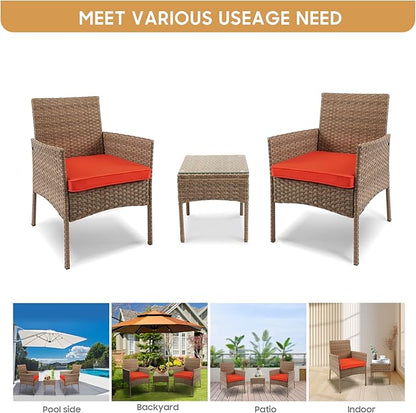YIYAN 3 Pieces Patio Bistro Set Outdoor Wicker Furniture Outdoor Porch PE Rattan Wicker Chairs Furniture Sets with Sofa Chairs,Glass Coffee Table and Red Washable Cushion