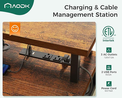AODK 47 Inch Electric Standing Desk with 3 Drawers, Brown, Height Adjustable Desk with Power Outlets & LED Lights, Stand Up Desk with Monitor Shelf, Sit Stand Desk Computer Workstation