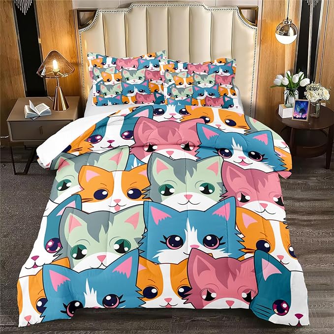 Cat Comforter Set for Girls - Balck Neon Cartoon Cats Bedding Set for Girls Bedroom Ultra Soft Cats Queen Size Comforter Set for All-Season with 1 Comforter and 2 Pillowcases Girls Room Decor