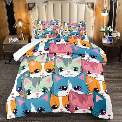 Cat Comforter Set for Girls - Balck Neon Cartoon Cats Bedding Set for Girls Bedroom Ultra Soft Cats Queen Size Comforter Set for All-Season with 1 Comforter and 2 Pillowcases Girls Room Decor