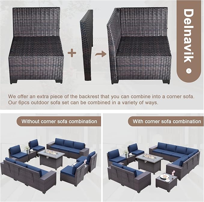 13PCS Patio Furniture Sectional Sofa Set PE Rattan Patio Conversation Set w/43in Gas Fire Pit Table, Outdoor Furniture with 55000 BTU Propane Fire Pit, Navy Blue