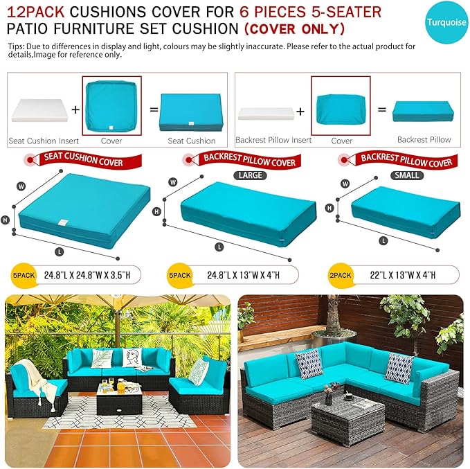 ClawsCover 12 Pack Outdoor Seat and Back Cushions Replacement Covers Fit for 6Pieces 5-Seater Wicker Rattan Patio Furniture Conversation Set Sectional Couch Chairs,Turquoise-Include Cover Only