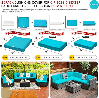 ClawsCover 12 Pack Outdoor Seat and Back Cushions Replacement Covers Fit for 6Pieces 5-Seater Wicker Rattan Patio Furniture Conversation Set Sectional Couch Chairs,Turquoise-Include Cover Only