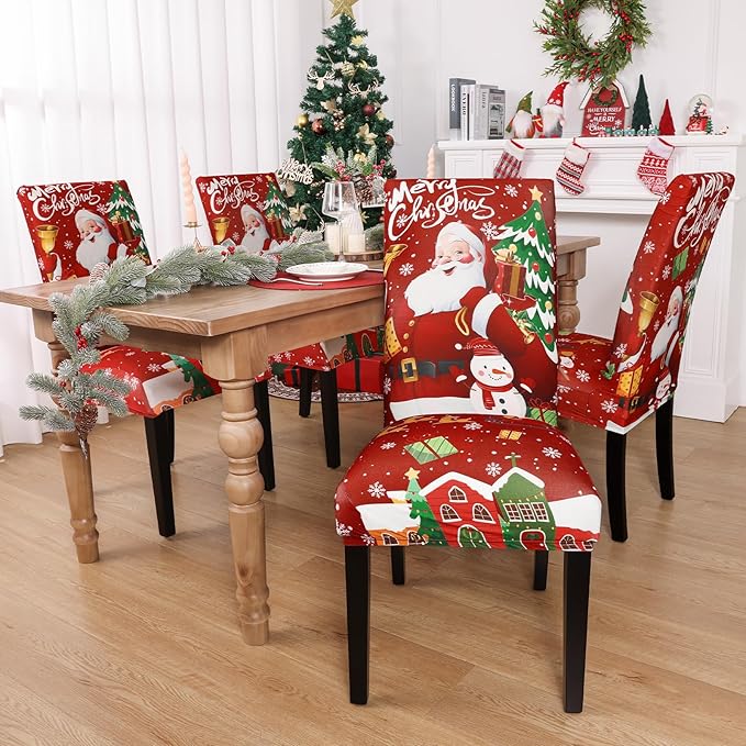 U'Artlines Christmas Chair Covers Set of 4, Removable Washable Merry Christmas Dining Chair Seat Covers Stretch Protector Slipcovers for Dining Room Kitchen Holiday Party Decor, Santa Claus