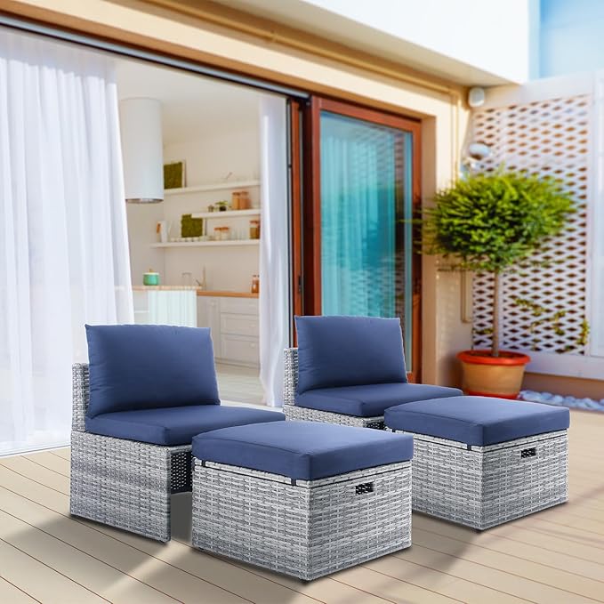 BACKYARD EXPRESSIONS PATIO · HOME · GARDEN w Backyard Expressions 2 Pc. Outdoor Conversation Chair Set with Storage and Ottoman, 250lb Weight Capacity, Navy Blue/Grey Wicker