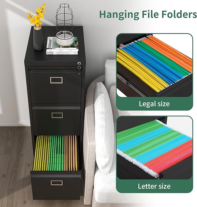 3 Drawer File Cabinet, Metal Vertical File Cabinets with Lock for Home Office, Office Steel Filing Cabinet for Hanging Files for A4/ Legal/Letter,Assembly Required (Black)