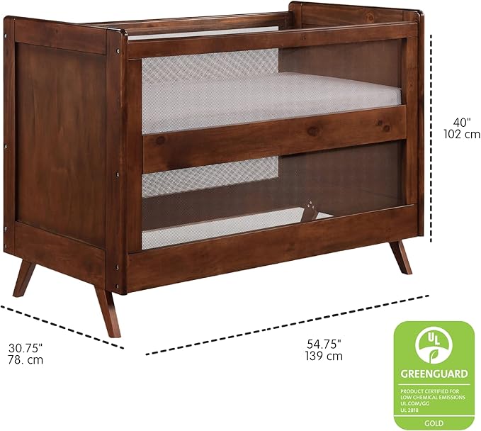 BreathableBaby Breathable Mesh 3-in-1 Convertible Crib (Toddler Bed Kit Sold Separately) — Walnut — Two Adjustable Mattress Heights — Greenguard Gold Certified