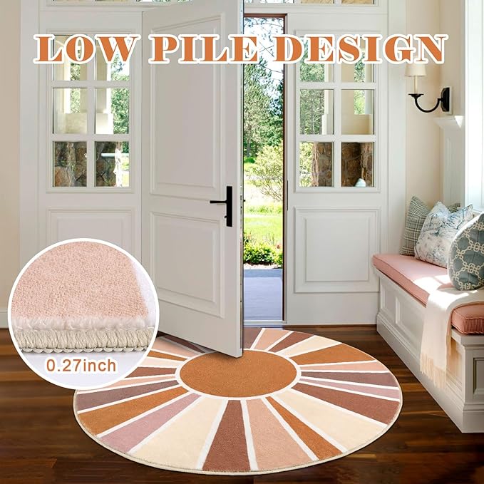 Topotdor Sun Rainbow Round Rug 4ft Boho Kids Nursery Rug, Colorful Washable Area Rug Ultra Soft Circle Classroom Rug Non-Slip for Bedroom Living Room Playroom Decor, Orange
