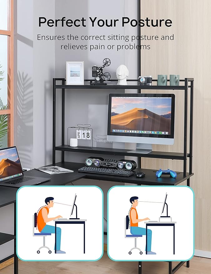 Evajoy L Shaped Computer Desk with Power Outlets and USB Ports, Reversible L-Shaped Corner Gaming Desk with Storage Shelves, 94.5’’ Industrial 2 Person Home Office Desk with Monitor Stand for Home