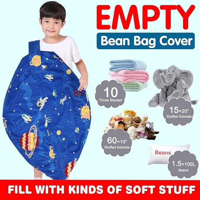 Lukeight Stuffed Animal Storage Bean Bag Chair Cover for Kids, Zipper Beanbag Chair Cover for Organizing Toddler & Kids' Rooms Plush Toys (Outer Space Velvet, Large)